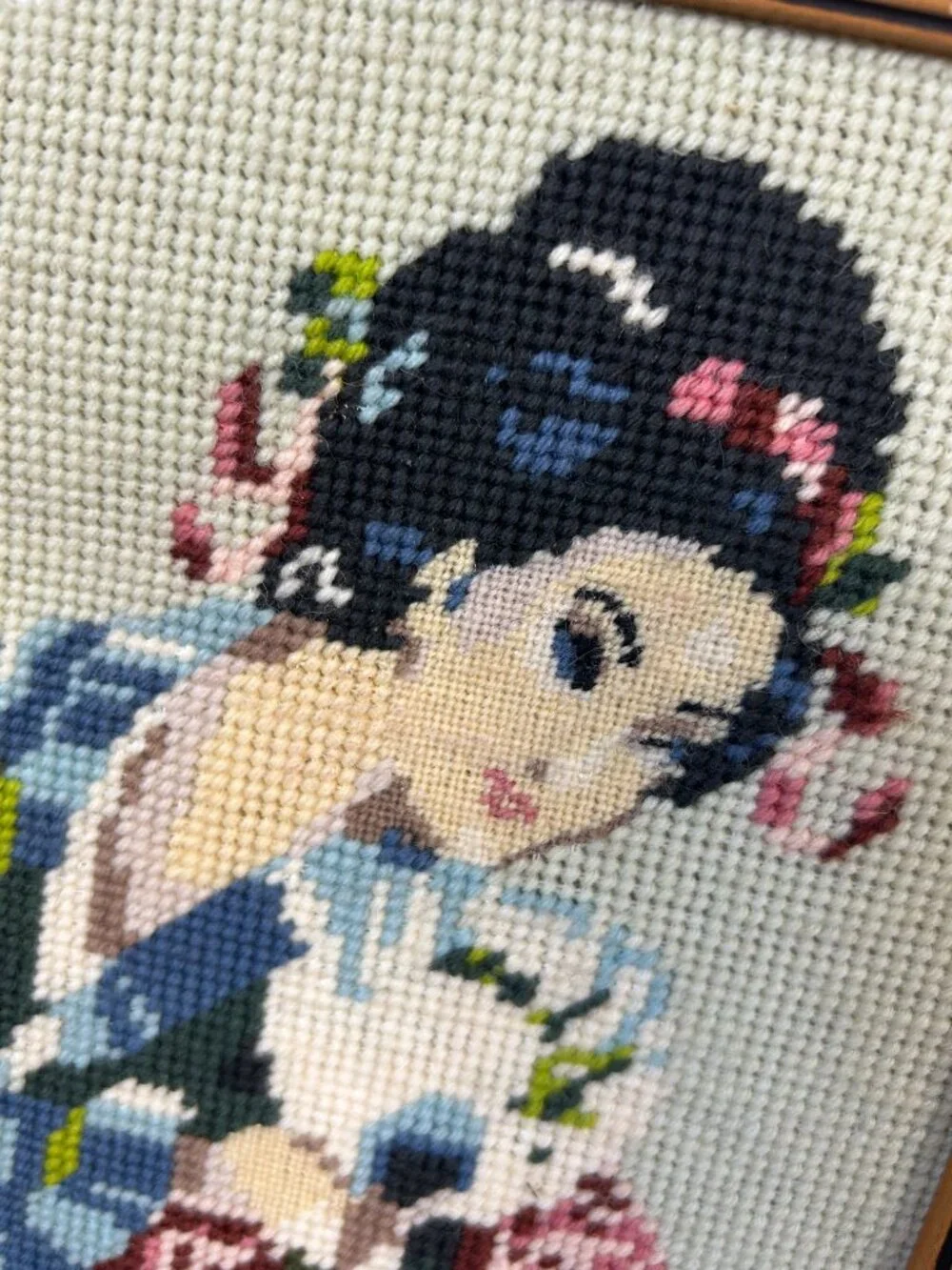 Vintage Needlepoint Geisha Bamboo Style Frames lot of 2 (flaws)